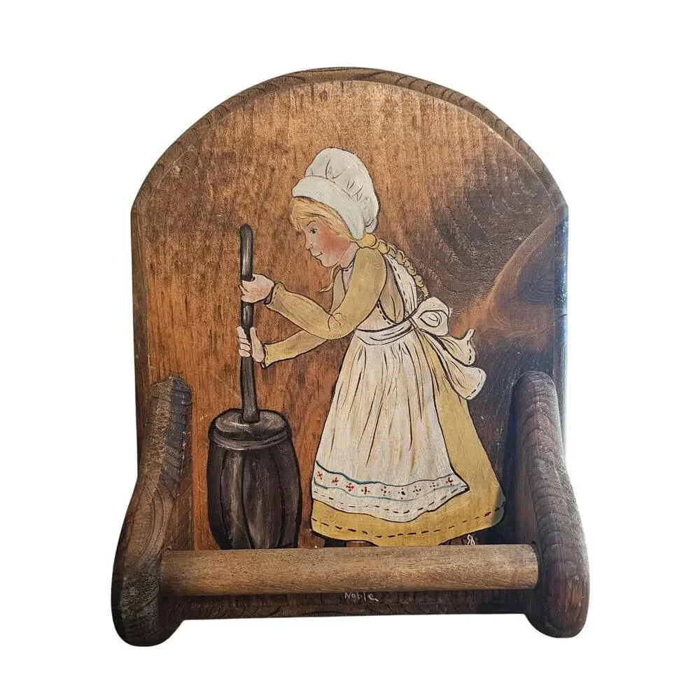 Vintage Hand Painted Wood Panel Holder Prairie Girl Rustic Cottage 70s Farmhouse